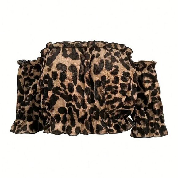 Multicolor Casual Women's Leopard Print Off Shoulder Cropped Shirt With Ruffled - Picture 5 of 5